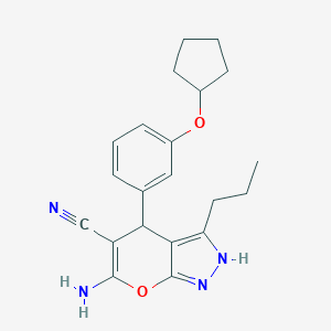 molecular formula C21H24N4O2 B461352 6-Amino-4-[3-(cyclopentyloxy)phenyl]-3-propyl-2,4-dihydropyrano[2,3-c]pyrazole-5-carbonitrile 