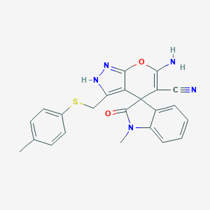 molecular formula C23H19N5O2S B461357 6-amino-1'-methyl-3-[(4-methylphenyl)sulfanylmethyl]-2'-oxospiro[2H-pyrano[2,3-c]pyrazole-4,3'-indole]-5-carbonitrile CAS No. 674807-50-2