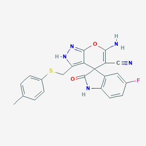 molecular formula C22H16FN5O2S B461360 6'-amino-5-fluoro-3'-[(4-methylphenyl)sulfanylmethyl]-2-oxospiro[1H-indole-3,4'-2H-pyrano[2,3-c]pyrazole]-5'-carbonitrile CAS No. 674807-58-0