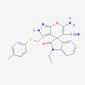 molecular formula C24H21N5O2S B461363 6-amino-1'-ethyl-3-[(4-methylphenyl)sulfanylmethyl]-2'-oxospiro[2H-pyrano[2,3-c]pyrazole-4,3'-indole]-5-carbonitrile CAS No. 674807-54-6