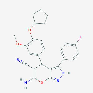 molecular formula C25H23FN4O3 B461369 6-Amino-4-[4-(cyclopentyloxy)-3-methoxyphenyl]-3-(4-fluorophenyl)-2,4-dihydropyrano[2,3-c]pyrazole-5-carbonitrile 