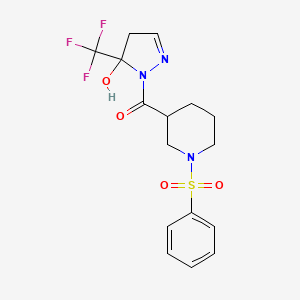 molecular formula C16H18F3N3O4S B4613719 1-{[1-(phenylsulfonyl)-3-piperidinyl]carbonyl}-5-(trifluoromethyl)-4,5-dihydro-1H-pyrazol-5-ol 