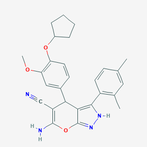 molecular formula C27H28N4O3 B461372 6-Amino-4-[4-(cyclopentyloxy)-3-methoxyphenyl]-3-(2,4-dimethylphenyl)-2,4-dihydropyrano[2,3-c]pyrazole-5-carbonitrile CAS No. 903086-86-2