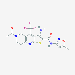 molecular formula C18H16F3N5O3S B461379 6-acetyl-3-amino-N-(5-methyl-1,2-oxazol-3-yl)-4-(trifluoromethyl)-7,8-dihydro-5H-thieno[2,3-b][1,6]naphthyridine-2-carboxamide CAS No. 704876-23-3