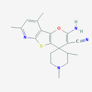 molecular formula C19H22N4OS B461381 4-Amino-1',3',11,13-tetramethylspiro[3-oxa-8-thia-10-azatricyclo[7.4.0.02,7]trideca-1(9),2(7),4,10,12-pentaene-6,4'-piperidine]-5-carbonitrile 