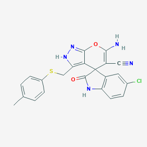 molecular formula C22H16ClN5O2S B461382 6'-amino-5-chloro-3'-[(4-methylphenyl)sulfanylmethyl]-2-oxospiro[1H-indole-3,4'-2H-pyrano[2,3-c]pyrazole]-5'-carbonitrile 