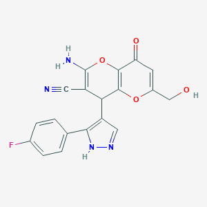 molecular formula C19H13FN4O4 B461389 2-amino-4-[5-(4-fluorophenyl)-1H-pyrazol-4-yl]-6-(hydroxymethyl)-8-oxo-4H-pyrano[3,2-b]pyran-3-carbonitrile CAS No. 879455-78-4