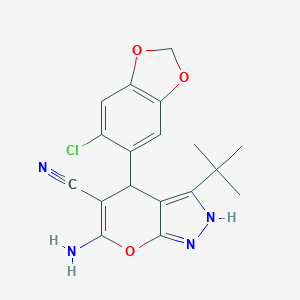 molecular formula C18H17ClN4O3 B461393 6-Amino-3-tert-butyl-4-(6-chloro-1,3-benzodioxol-5-yl)-2,4-dihydropyrano[2,3-c]pyrazole-5-carbonitrile 