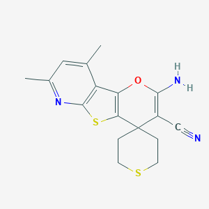 molecular formula C17H17N3OS2 B461395 2-Amino-7,9-dimethyl-2',3',5',6'-tetrahydrospiro[pyrano[2',3':4,5]thieno[2,3-b]pyridine-4,4'-thiopyran]-3-carbonitrile CAS No. 674805-28-8