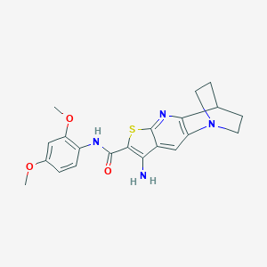 molecular formula C21H22N4O3S B461419 5-amino-N-(2,4-dimethoxyphenyl)-7-thia-1,9-diazatetracyclo[9.2.2.02,10.04,8]pentadeca-2(10),3,5,8-tetraene-6-carboxamide 