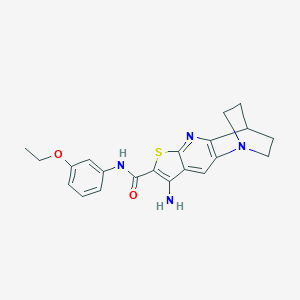 molecular formula C21H22N4O2S B461421 5-Amino-N-(3-ethoxyphenyl)-7-thia-1,9-diazatetracyclo[9.2.2.02,10.04,8]pentadeca-2(10),3,5,8-tetraene-6-carboxamide CAS No. 923552-64-1
