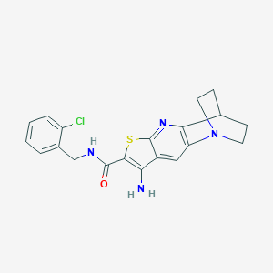 molecular formula C20H19ClN4OS B461427 5-amino-N-[(2-chlorophenyl)methyl]-7-thia-1,9-diazatetracyclo[9.2.2.02,10.04,8]pentadeca-2(10),3,5,8-tetraene-6-carboxamide 