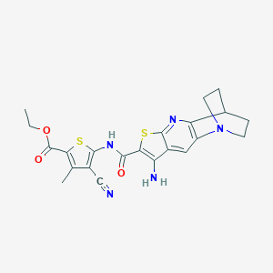 molecular formula C22H21N5O3S2 B461431 Ethyl 5-[(5-amino-7-thia-1,9-diazatetracyclo[9.2.2.02,10.04,8]pentadeca-2(10),3,5,8-tetraene-6-carbonyl)amino]-4-cyano-3-methylthiophene-2-carboxylate 