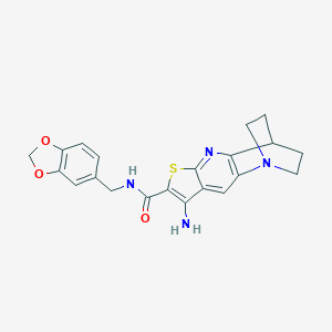 molecular formula C21H20N4O3S B461432 5-Amino-N-(1,3-benzodioxol-5-ylmethyl)-7-thia-1,9-diazatetracyclo[9.2.2.02,10.04,8]pentadeca-2(10),3,5,8-tetraene-6-carboxamide CAS No. 728888-53-7