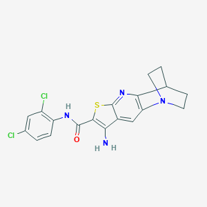 molecular formula C19H16Cl2N4OS B461440 5-amino-N-(2,4-dichlorophenyl)-7-thia-1,9-diazatetracyclo[9.2.2.02,10.04,8]pentadeca-2(10),3,5,8-tetraene-6-carboxamide 