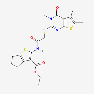 molecular formula C21H23N3O4S3 B4614482 ethyl 2-({[(3,5,6-trimethyl-4-oxo-3,4-dihydrothieno[2,3-d]pyrimidin-2-yl)thio]acetyl}amino)-5,6-dihydro-4H-cyclopenta[b]thiophene-3-carboxylate 