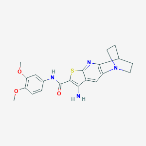 molecular formula C21H22N4O3S B461449 5-Amino-N-(3,4-dimethoxyphenyl)-7-thia-1,9-diazatetracyclo[9.2.2.02,10.04,8]pentadeca-2(10),3,5,8-tetraene-6-carboxamide CAS No. 728888-49-1
