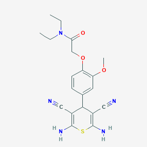 molecular formula C20H23N5O3S B461465 2-[4-(2,6-diamino-3,5-dicyano-4H-thiopyran-4-yl)-2-methoxyphenoxy]-N,N-diethylacetamide 