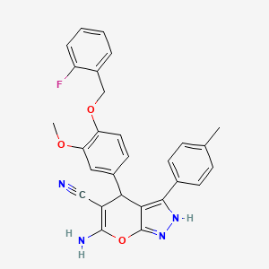 molecular formula C28H23FN4O3 B4615045 6-amino-4-{4-[(2-fluorobenzyl)oxy]-3-methoxyphenyl}-3-(4-methylphenyl)-1,4-dihydropyrano[2,3-c]pyrazole-5-carbonitrile 