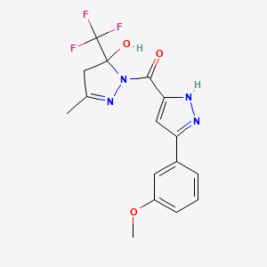 molecular formula C16H15F3N4O3 B4615173 1-{[5-(3-methoxyphenyl)-1H-pyrazol-3-yl]carbonyl}-3-methyl-5-(trifluoromethyl)-4,5-dihydro-1H-pyrazol-5-ol 