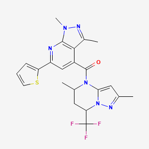 molecular formula C22H21F3N6OS B4615216 4-{[2,5-dimethyl-7-(trifluoromethyl)-6,7-dihydropyrazolo[1,5-a]pyrimidin-4(5H)-yl]carbonyl}-1,3-dimethyl-6-(2-thienyl)-1H-pyrazolo[3,4-b]pyridine 