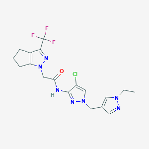 molecular formula C18H19ClF3N7O B4615440 N-{4-氯-1-[(1-乙基-1H-吡唑-4-基)甲基]-1H-吡唑-3-基}-2-[3-(三氟甲基)-5,6-二氢环戊[c]吡唑-1(4H)-基]乙酰胺 