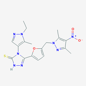 molecular formula C18H20N8O3S B4616317 5-{5-[(3,5-dimethyl-4-nitro-1H-pyrazol-1-yl)methyl]-2-furyl}-4-(1-ethyl-5-methyl-1H-pyrazol-4-yl)-4H-1,2,4-triazole-3-thiol 