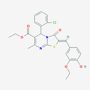 molecular formula C25H23ClN2O5S B461636 ethyl 5-(2-chlorophenyl)-2-(3-ethoxy-4-hydroxybenzylidene)-7-methyl-3-oxo-2,3-dihydro-5H-[1,3]thiazolo[3,2-a]pyrimidine-6-carboxylate 