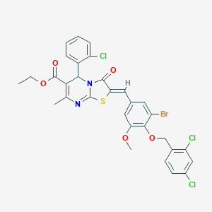 molecular formula C31H24BrCl3N2O5S B461640 ethyl 2-{3-bromo-4-[(2,4-dichlorobenzyl)oxy]-5-methoxybenzylidene}-5-(2-chlorophenyl)-7-methyl-3-oxo-2,3-dihydro-5H-[1,3]thiazolo[3,2-a]pyrimidine-6-carboxylate 