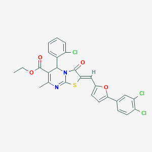 molecular formula C27H19Cl3N2O4S B461643 ethyl 5-(2-chlorophenyl)-2-{[5-(3,4-dichlorophenyl)-2-furyl]methylene}-7-methyl-3-oxo-2,3-dihydro-5H-[1,3]thiazolo[3,2-a]pyrimidine-6-carboxylate 
