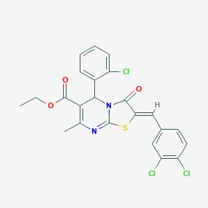 molecular formula C23H17Cl3N2O3S B461646 ethyl 5-(2-chlorophenyl)-2-(3,4-dichlorobenzylidene)-7-methyl-3-oxo-2,3-dihydro-5H-[1,3]thiazolo[3,2-a]pyrimidine-6-carboxylate 