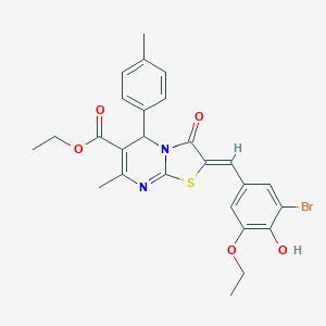 molecular formula C26H25BrN2O5S B461663 ethyl 2-(3-bromo-5-ethoxy-4-hydroxybenzylidene)-7-methyl-5-(4-methylphenyl)-3-oxo-2,3-dihydro-5H-[1,3]thiazolo[3,2-a]pyrimidine-6-carboxylate 