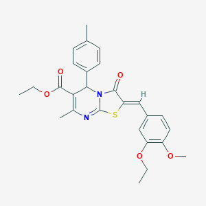 molecular formula C27H28N2O5S B461664 ethyl 2-(3-ethoxy-4-methoxybenzylidene)-7-methyl-5-(4-methylphenyl)-3-oxo-2,3-dihydro-5H-[1,3]thiazolo[3,2-a]pyrimidine-6-carboxylate 