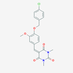 molecular formula C21H19ClN2O5 B461675 5-{4-[(4-chlorobenzyl)oxy]-3-methoxybenzylidene}-1,3-dimethylpyrimidine-2,4,6(1H,3H,5H)-trione 