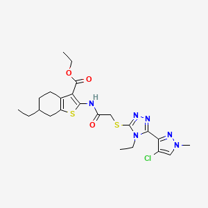 molecular formula C23H29ClN6O3S2 B4616829 ethyl 2-[({[5-(4-chloro-1-methyl-1H-pyrazol-3-yl)-4-ethyl-4H-1,2,4-triazol-3-yl]thio}acetyl)amino]-6-ethyl-4,5,6,7-tetrahydro-1-benzothiophene-3-carboxylate 