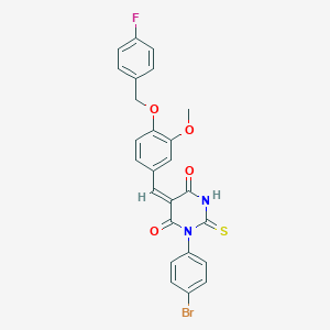 molecular formula C25H18BrFN2O4S B461688 1-(4-bromophenyl)-5-{4-[(4-fluorobenzyl)oxy]-3-methoxybenzylidene}-2-thioxodihydro-4,6(1H,5H)-pyrimidinedione 