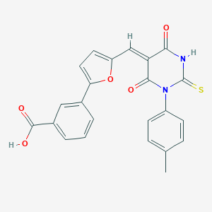 molecular formula C23H16N2O5S B461689 3-{5-[(1-(4-methylphenyl)-4,6-dioxo-2-thioxotetrahydro-5(2H)-pyrimidinylidene)methyl]-2-furyl}benzoic acid 