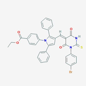 molecular formula C36H26BrN3O4S B461690 ethyl 4-{3-[(1-(4-bromophenyl)-4,6-dioxo-2-thioxotetrahydro-5(2H)-pyrimidinylidene)methyl]-2,5-diphenyl-1H-pyrrol-1-yl}benzoate 