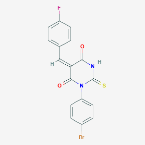 molecular formula C17H10BrFN2O2S B461698 (5E)-1-(4-bromophenyl)-5-(4-fluorobenzylidene)-2-thioxodihydropyrimidine-4,6(1H,5H)-dione 