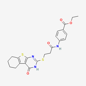 molecular formula C22H23N3O4S2 B4617376 ethyl 4-({3-[(4-oxo-3,4,5,6,7,8-hexahydro[1]benzothieno[2,3-d]pyrimidin-2-yl)thio]propanoyl}amino)benzoate 