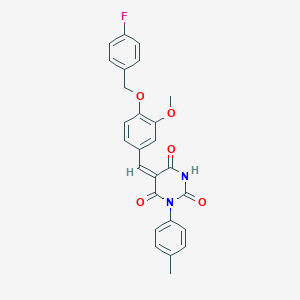 molecular formula C26H21FN2O5 B461738 (5E)-5-{4-[(4-fluorobenzyl)oxy]-3-methoxybenzylidene}-1-(4-methylphenyl)pyrimidine-2,4,6(1H,3H,5H)-trione 