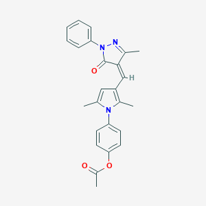 molecular formula C25H23N3O3 B461741 4-{2,5-dimethyl-3-[(Z)-(3-methyl-5-oxo-1-phenyl-1,5-dihydro-4H-pyrazol-4-ylidene)methyl]-1H-pyrrol-1-yl}phenyl acetate 