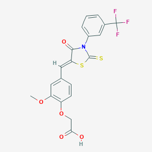 molecular formula C20H14F3NO5S2 B461763 2-[2-Methoxy-4-({4-oxo-2-sulfanylidene-3-[3-(trifluoromethyl)phenyl]-1,3-thiazolidin-5-ylidene}methyl)phenoxy]acetic acid CAS No. 292173-91-2
