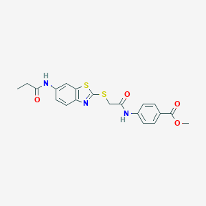 molecular formula C20H19N3O4S2 B461874 Methyl 4-[({[6-(propanoylamino)-1,3-benzothiazol-2-yl]sulfanyl}acetyl)amino]benzoate CAS No. 425659-14-9