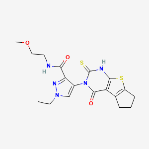 molecular formula C18H21N5O3S2 B4619366 1-ethyl-4-(2-mercapto-4-oxo-6,7-dihydro-4H-cyclopenta[4,5]thieno[2,3-d]pyrimidin-3(5H)-yl)-N-(2-methoxyethyl)-1H-pyrazole-3-carboxamide 