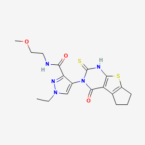 molecular formula C18H21N5O3S2 B4619366 1-乙基-4-(2-巯基-4-氧代-6,7-二氢-4H-环戊[4,5]噻吩[2,3-d]嘧啶-3(5H)-基)-N-(2-甲氧基乙基)-1H-吡唑-3-甲酰胺 