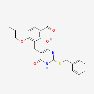 molecular formula C23H24N2O4S B4620232 1-(3-{[2-(benzylthio)-4,6-dihydroxy-5-pyrimidinyl]methyl}-4-propoxyphenyl)ethanone 