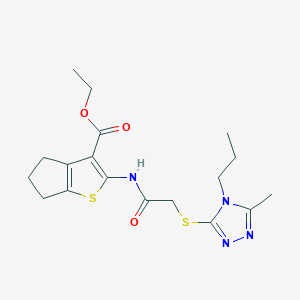 molecular formula C18H24N4O3S2 B4621021 ethyl 2-({[(5-methyl-4-propyl-4H-1,2,4-triazol-3-yl)thio]acetyl}amino)-5,6-dihydro-4H-cyclopenta[b]thiophene-3-carboxylate 
