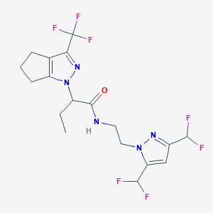 molecular formula C18H20F7N5O B4621774 N-{2-[3,5-bis(difluoromethyl)-1H-pyrazol-1-yl]ethyl}-2-[3-(trifluoromethyl)-5,6-dihydrocyclopenta[c]pyrazol-1(4H)-yl]butanamide 