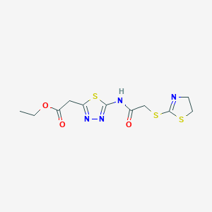 molecular formula C11H14N4O3S3 B4621789 乙基（5-{[(4,5-二氢-1,3-噻唑-2-硫代)乙酰基]氨基}-1,3,4-噻二唑-2-基）乙酸酯 